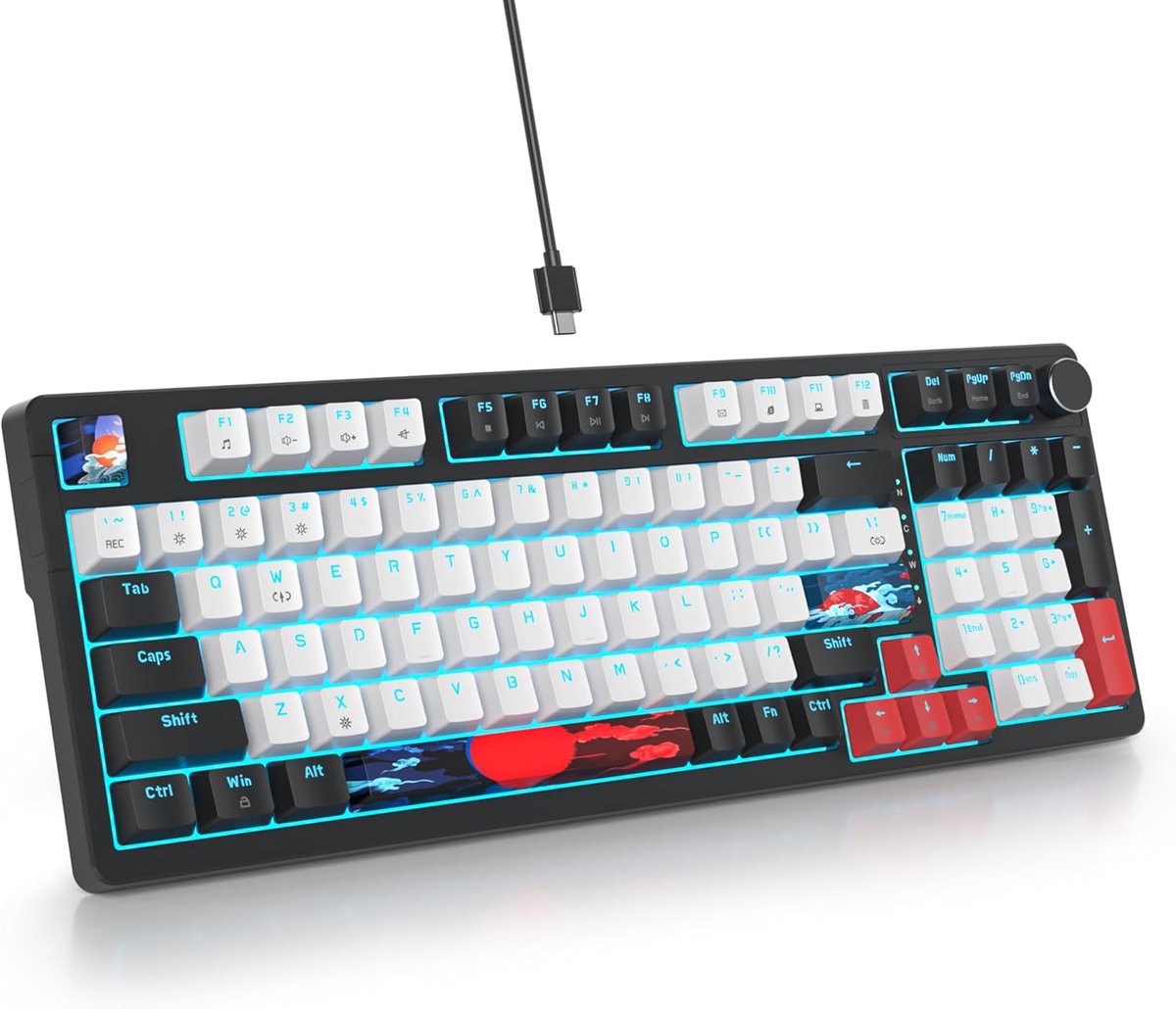 Mechanisch gamingtoetsenbord met bekabeld toetsenbord, pakkingstructuur RGB-achtergrondverlichting, 98 toetsen, hot-swappable met bedieningsknop, compact voor Windows-laptop (wit)