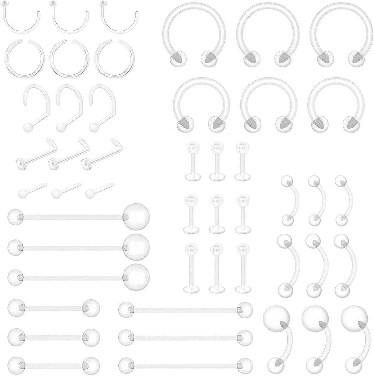 Body piercing kit, 14G 16G 18G 20G Plastic Acryl Neus Studs Navel Bars Lip Labret Wenkbrauw Tong Ringen Piercing Retainers Sieraden voor Mannen Vrouwen