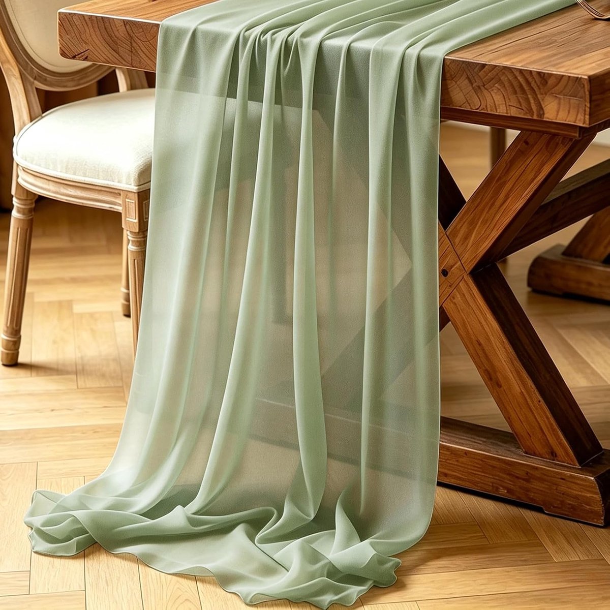 2 Stuks Chiffon Tafelloper Saliegroen, 77x300 cm Zacht Boho Model Tafelloper Tafeldecoratie voor Bruiloft, Feest, Babyshower, Vrijgezellenfeest, Keukentafel, Doop en Binnen & Buiten Decoratie