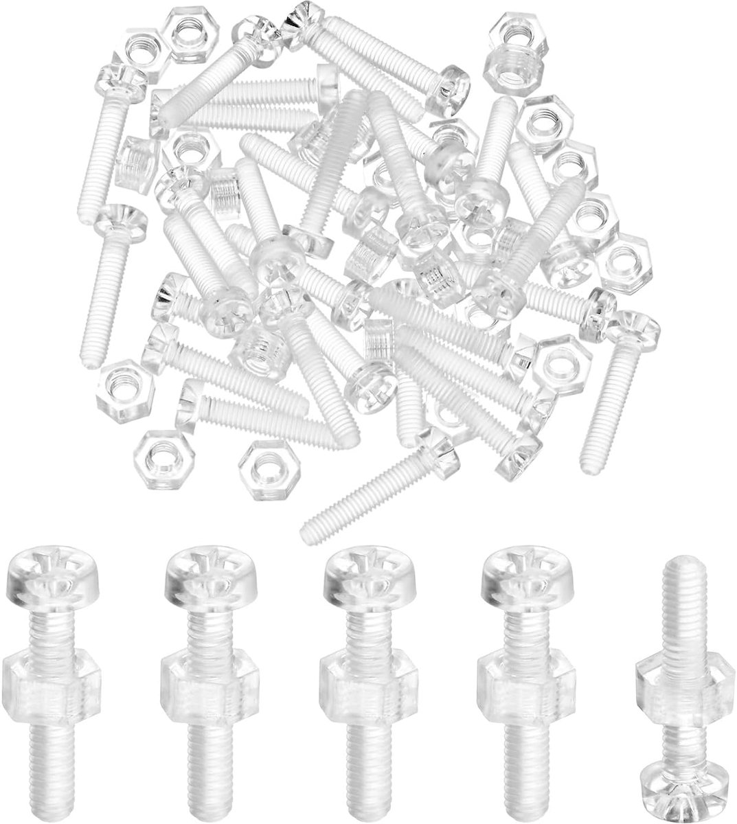 Set van 30 transparante schroeven en zeskantmoeren, M3 x 15 mm, acryl, kunststof, kruiskop, ronde kopschroeven, voor machineaccessoires