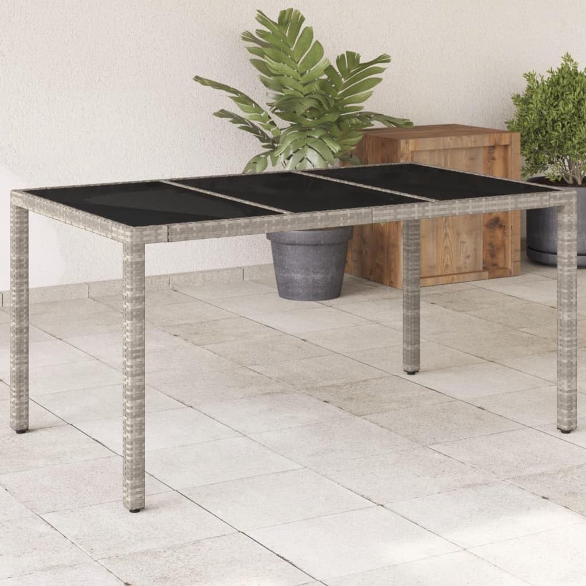 Tuintafel met glasplaat, terrastafel, balkontafel, eettafel, salontafel, theetafel, tafel voor achtertuin, terras, balkon, lichtgrijs, 150 x 90 x 75 cm, polyrotan
