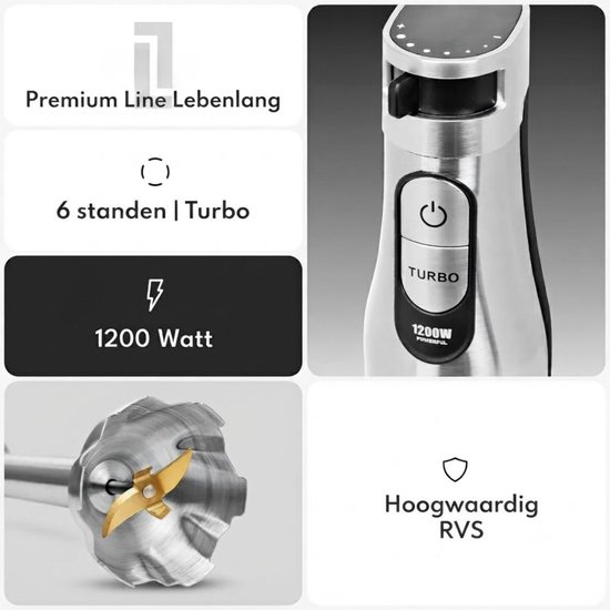 NIVA® Staafmixer Set - Traploos Verstelbaar en Turbo - Professionele Blender - Zilver - 7cm x 7cm x 41cm van Niva — afbeelding 3