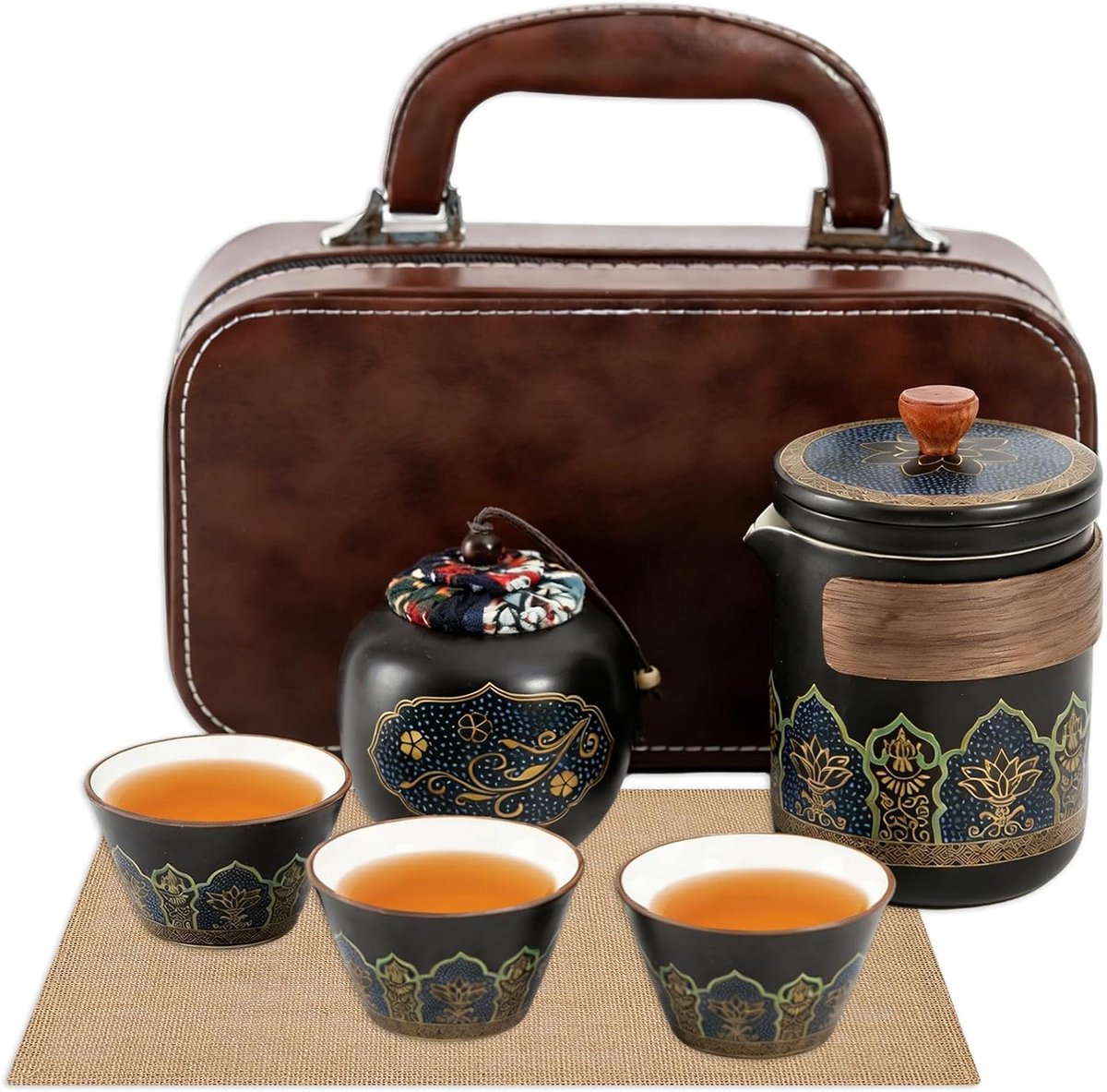Theeservies, 24,5 × 13 × 9,5 cm, Chinese theepot, reistheeset met veilige draagtas voor buiten en onderweg, 5-delige zwart-bruine tas, hoogwaardige keramiek
