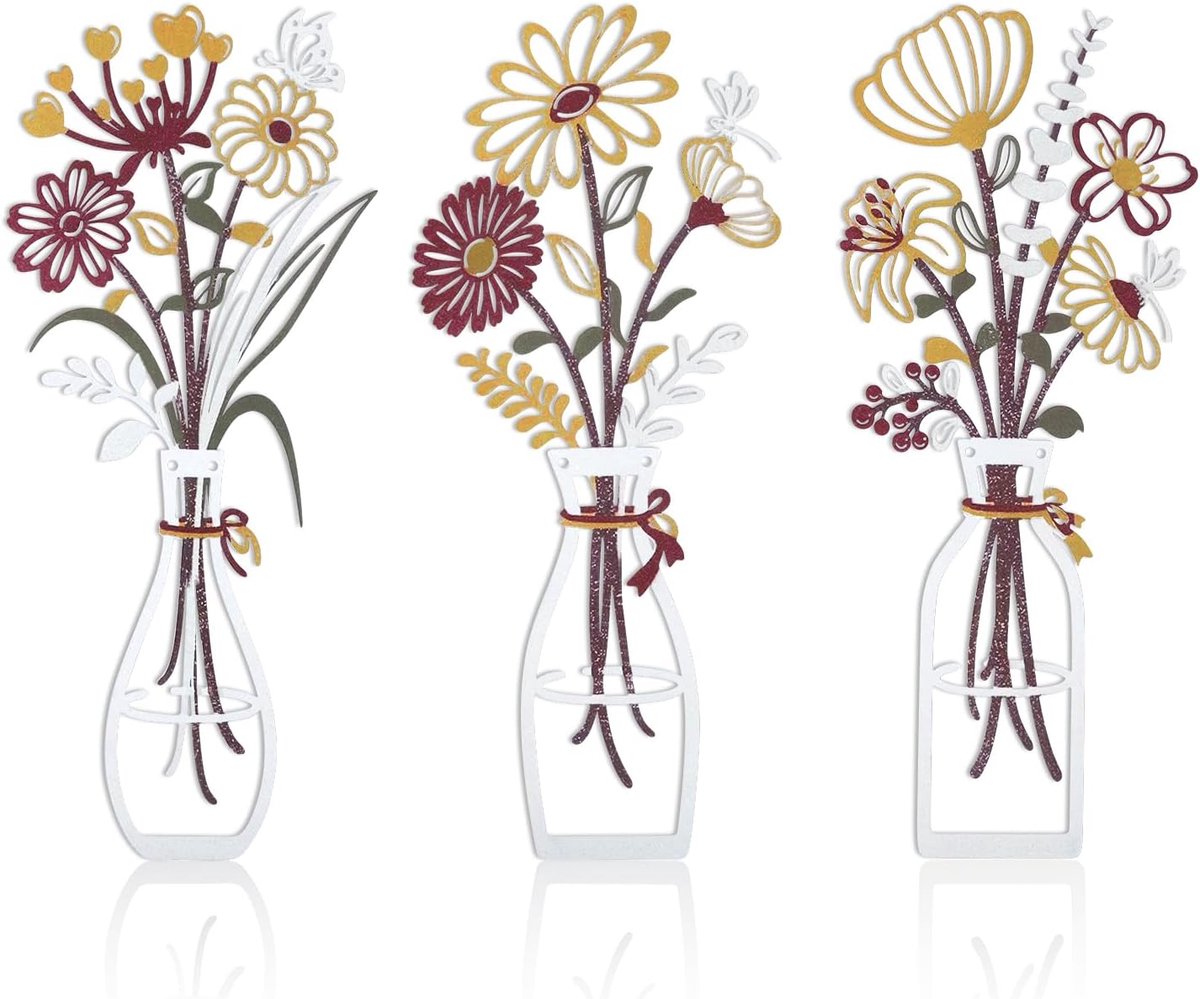 3 Stuks Metalen Florale Wanddecoratie, Landelijke Wilde Bloemenboeket Sculpturen Voor Woonkamer Badkamer Keuken | Rustieke sculpturen in landelijke stijl wilde bloemenboeket voor woonkamer, badkamer, keuken