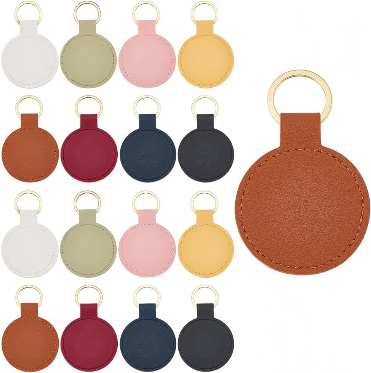 1 Doos 24 Stuks 4 Kleuren Ronde Lederen Sleutelhangers Lederen Sleutelhanger Blanks Bulk PU Wit Platte Zwarte Dubbele Zijband Tags Houder Sleutelhangers Voor Lasergraveren Sleutelhangers Diy
