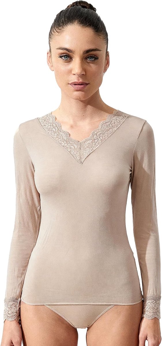 Pura Dames ondershirt lange mouwen met kasjmier kant elegant thermisch warm basislaag