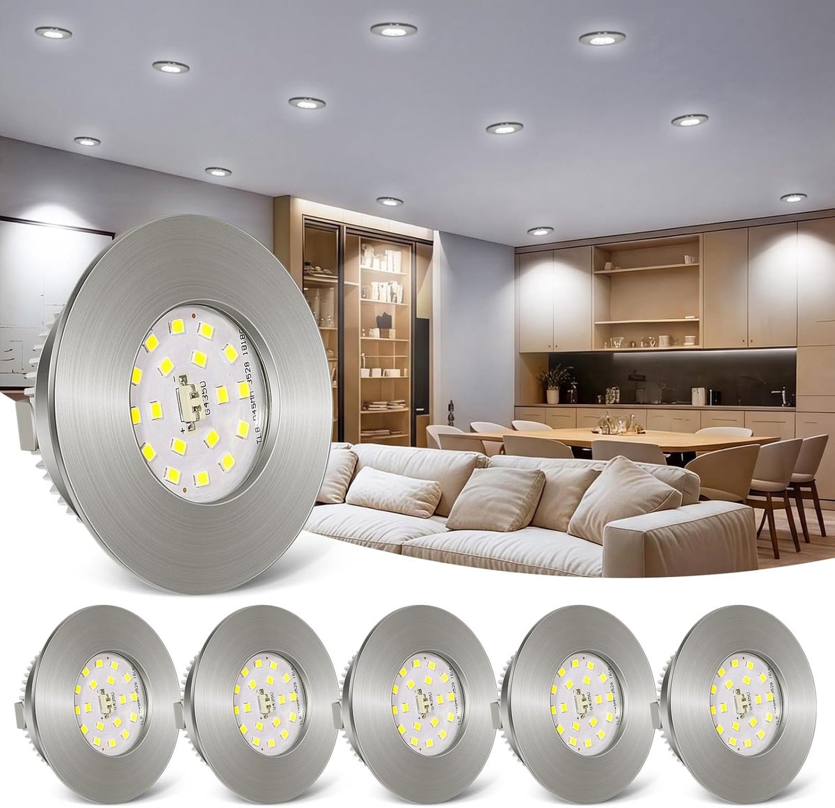 6 W led-inbouwspot, 230 V, ultraplat, koudwit, 6000 K, IP44, gat Φ 60-65 mm, plafondspots voor badkamer, keuken, woonkamer, nikkel, mat, 6 stuks