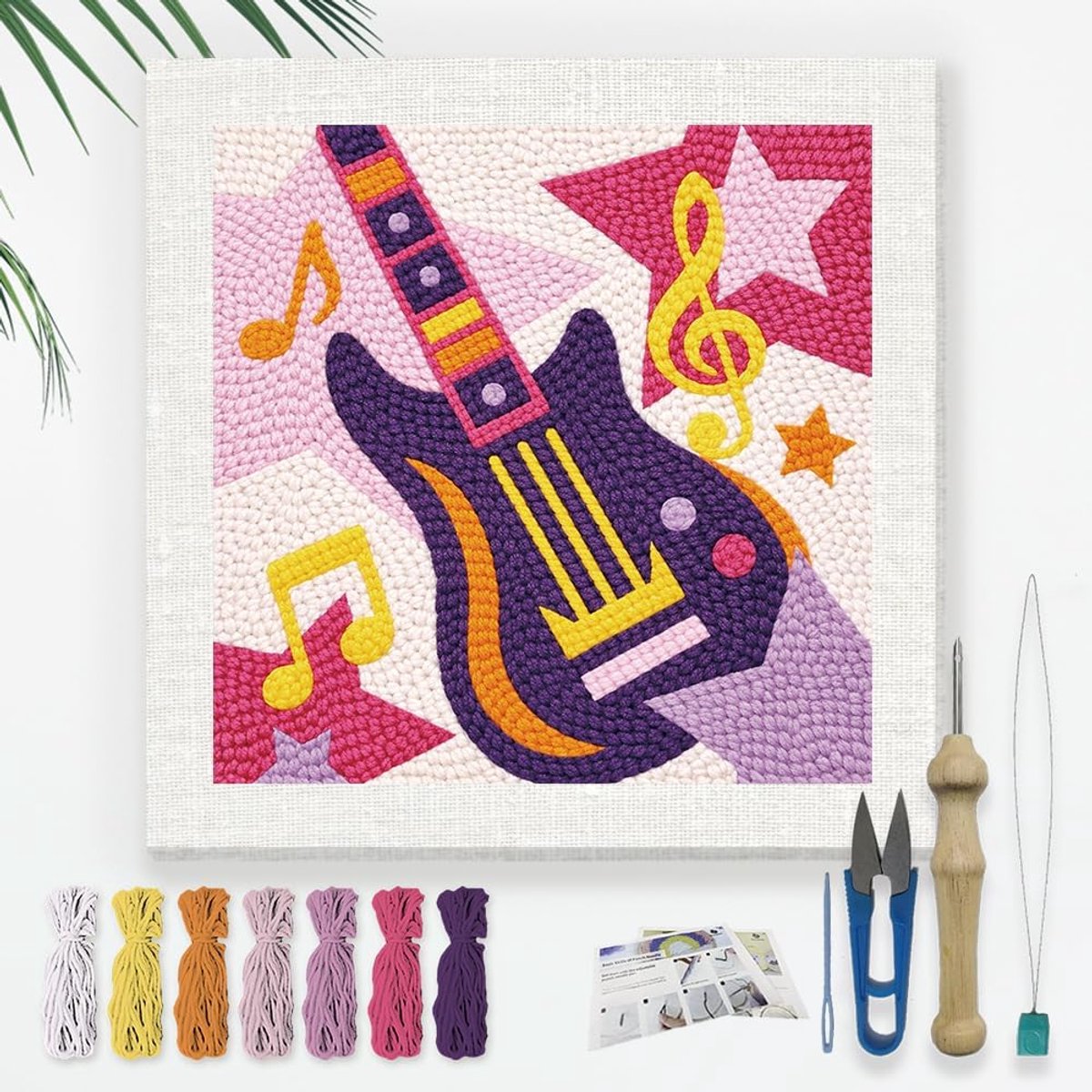 Gitaar en noten naald kit voor beginners, 24 x 24 cm muziek punch stiksels ambachtelijke set, doe-het-zelf borduurwerk starter met bedrukt frame, instructie, threader, garen, knijpnaald