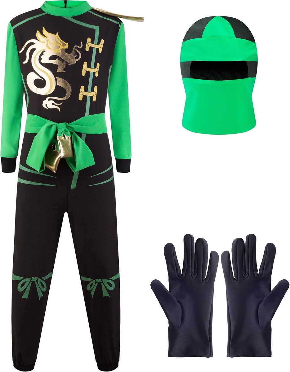 1771-02 1771 Ninja-kostuum, voor kinderen, verkleedkostuum, carnaval, maat M, groen zwart