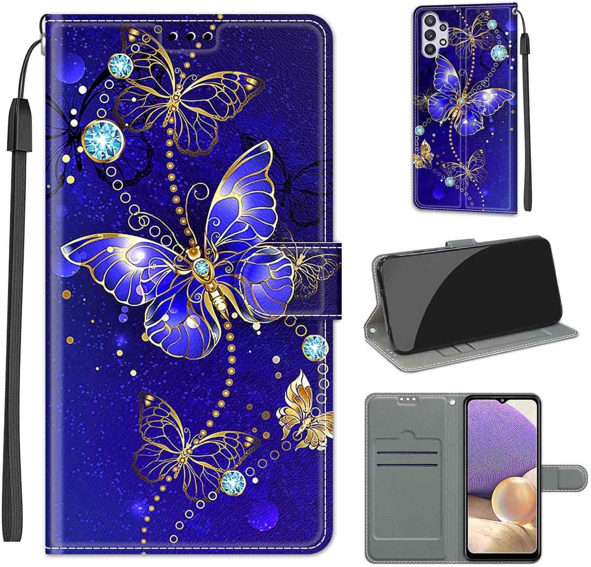 Hoes voor Samsung Galaxy A32 5G, vlinder | Duurzaam PU-leer, Klaphoes met rondom bescherming, Kaartsleuven, Standfunctie