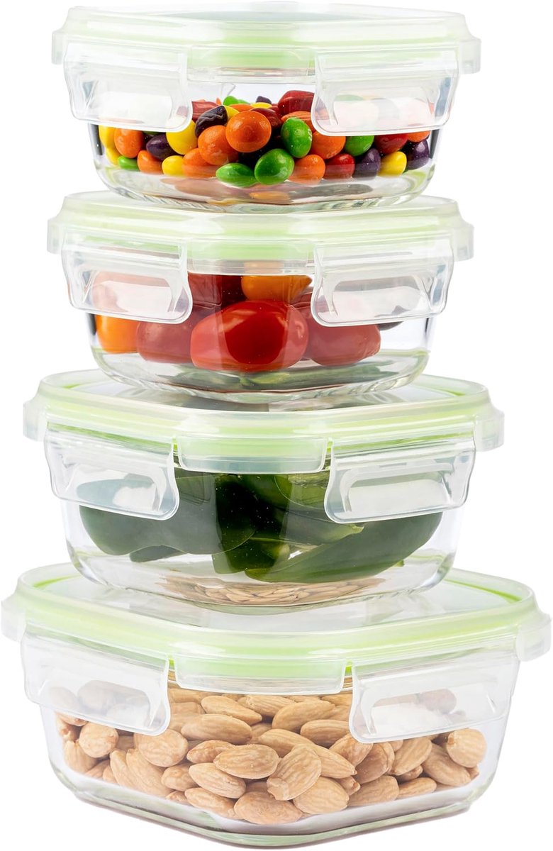 Vierkante glazen voedselcontainers met deksels - stapelbare voedselopslagcontainers, ruimtebesparend, luchtdicht, magnetron, oven en vriezer, veilige maaltijdbereiding (set van
