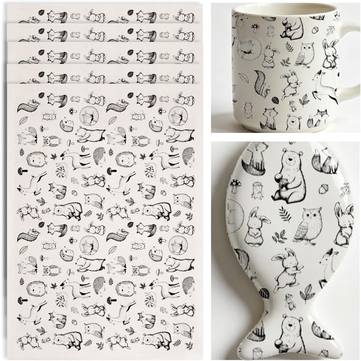 4 Stks Onderglazuur Transfer Papier Cartoon Bosdieren Zwart Oversized Keramische Decals voor Cups Platen Vazen Studio Aardewerk Patroon Blad Klei Gebruik Handgemaakte Vaas Plaat 52x37cm