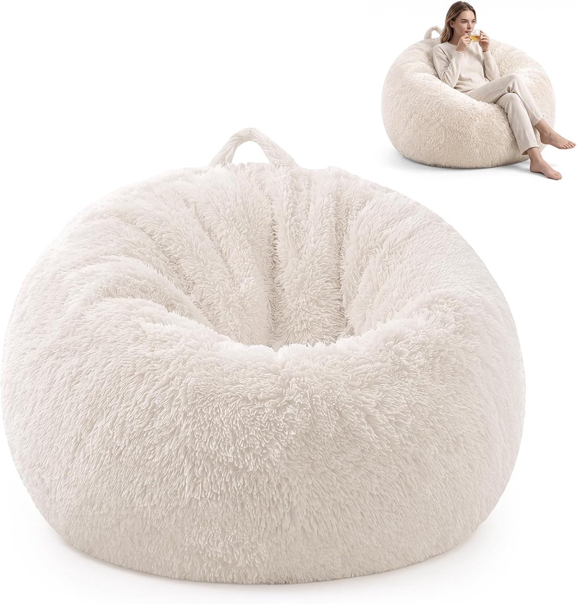Zitzakhoes zonder vulling, wollig kunstbont zitzak voor kinderen en volwassenen, wasbare afneembare beanbag stoel voor gaming, woonkamer, slaapkamer, 70 x 80 cm (beige)