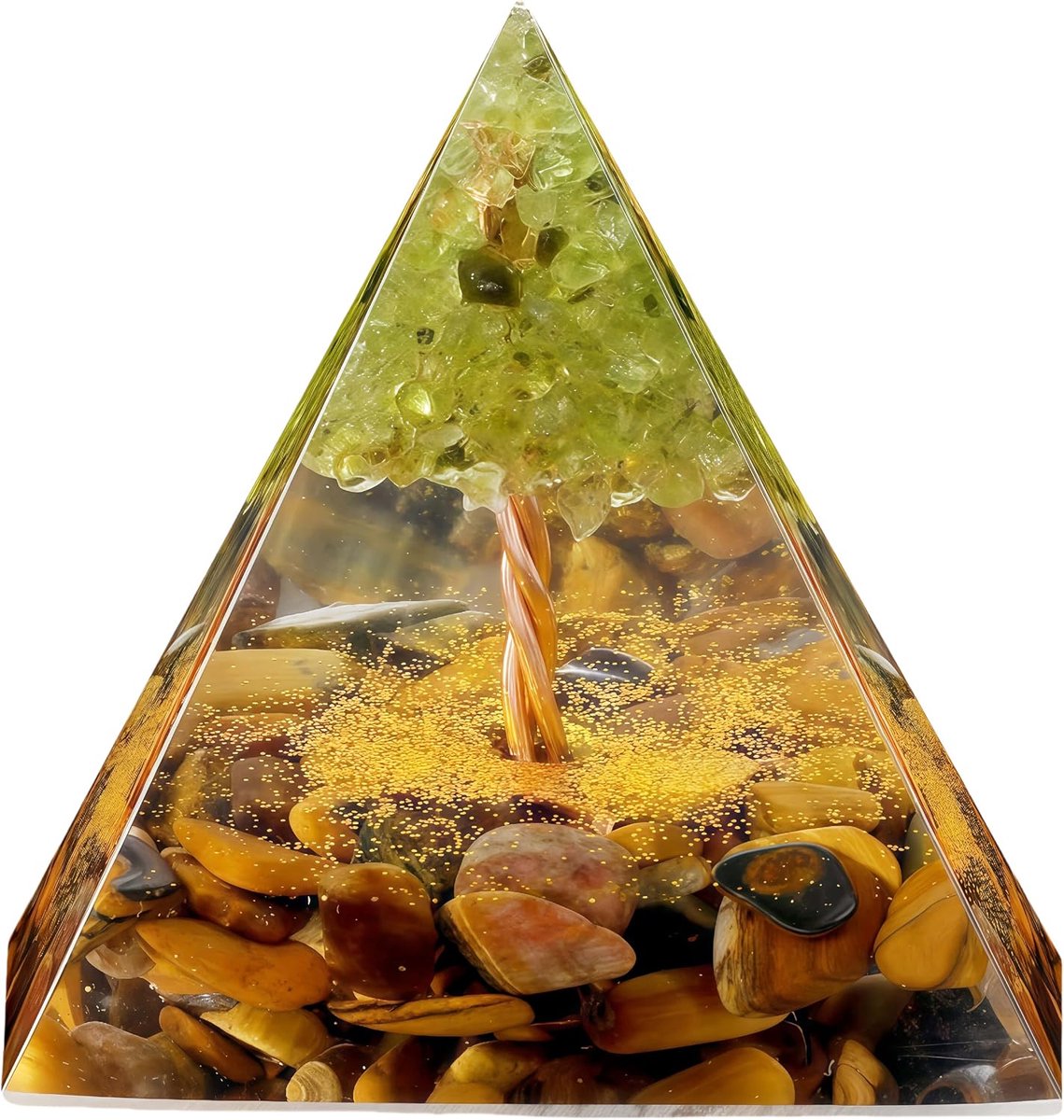 Tree of life Crystal Pyramid for Positive Energy,Tiger eyes stones with Peridot Organ Pyramide for Reduce Stress Chakra Reiki Healing Meditation Attracts Lucky and Success