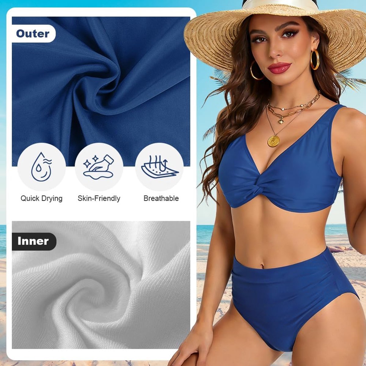 Bikiniset voor dames, hoge taille, twist-front badpakken, V-hals gewatteerde tweedelige badpakken badpakken, buikcontrole ruches badpakken, sexy strandvakantiekleding voor vrouwen, strandbadpak
