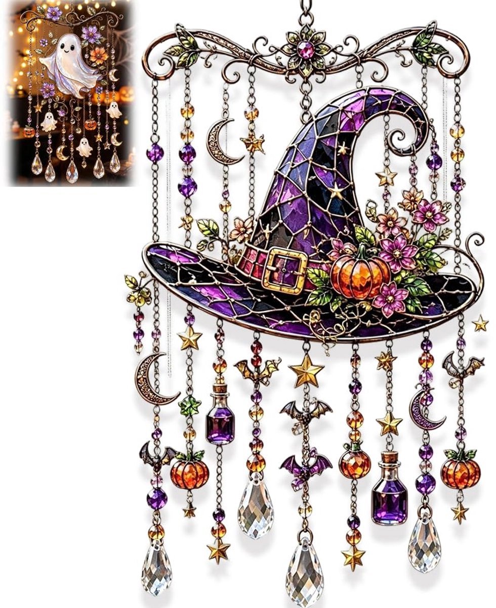 Casalora® Halloween Kristallen Windspel - Gotische Glinsterende Acryl Hangende Decoratie - Buitendecoratie voor Tuin, Veranda, Balkon en Raam (Heksenhoed) - Spookachtig Schattig Herfst Cadeau