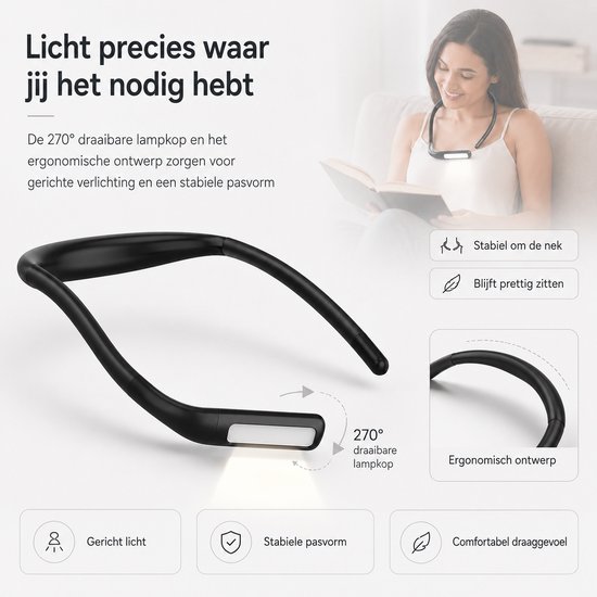 Neklamp - Nekleeslamp - Leeslamp voor in Bed - Oplaadbaar - 3 Lichtkleuren - Traploos Dimbaar - 250° Draaibare Lampkop - 1800mAh - Handsfree Leeslamp voor Lezen, Haken en Breien - Zwart — afbeelding 3