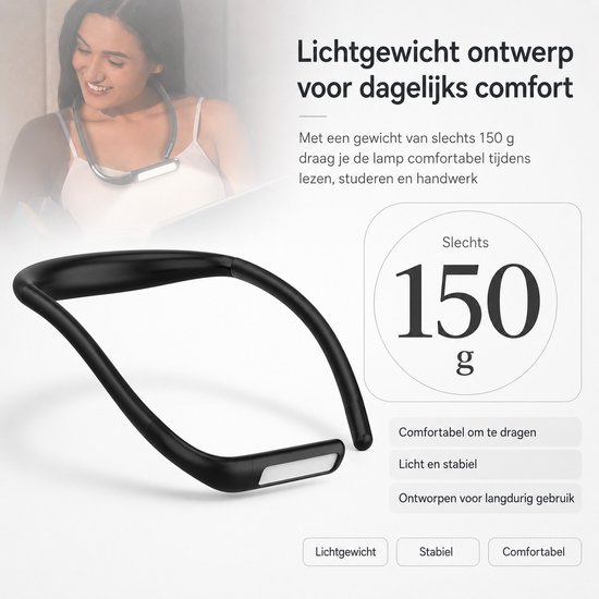 Neklamp - Nekleeslamp - Leeslamp voor in Bed - Oplaadbaar - 3 Lichtkleuren - Traploos Dimbaar - 250° Draaibare Lampkop - 1800mAh - Handsfree Leeslamp voor Lezen, Haken en Breien - Zwart — afbeelding 2