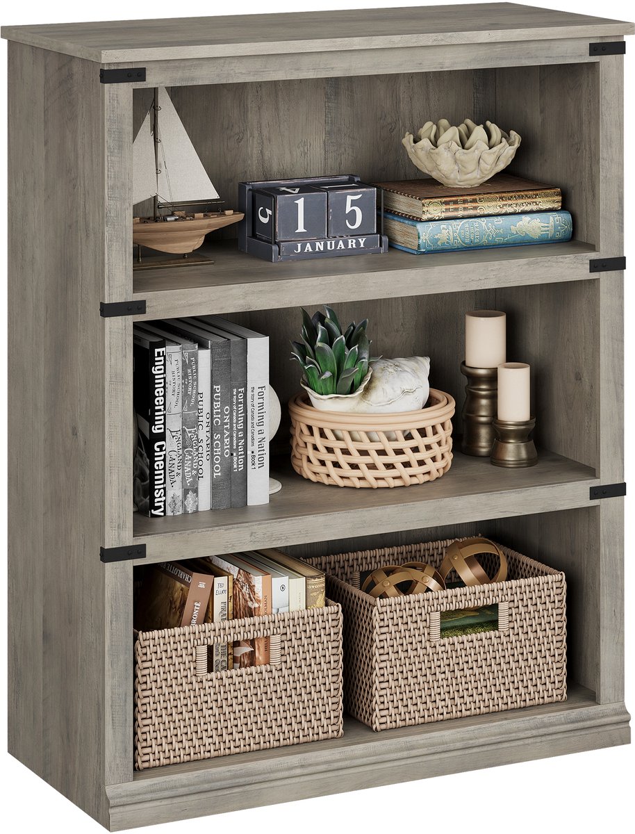 Boekenkast 3 Lagen - 80x31x101cm - Boekenkast Vintage - Opbergkast Open Vakken - Displaykast Vrijstaand - Voor Woonkamer En Kantoor - Grijs