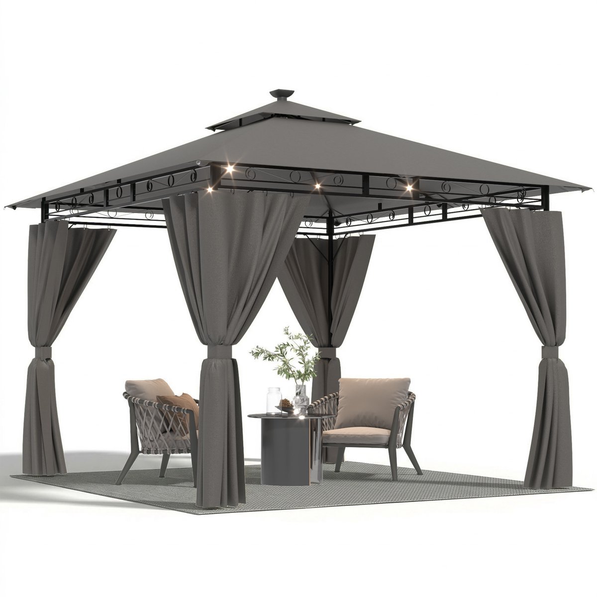 Devoko Tuinpaviljoen 3x3 m - LED-verlichting op zonne-energie - Instelbare helderheid-timerfunctie - waterdicht en UV-bestendig - ademend dubbel dak - met vier zijwanden - Grijs