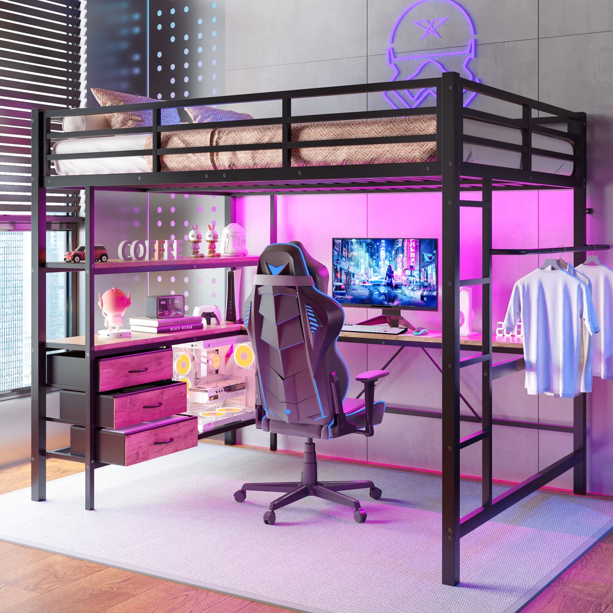 Bedframe - voor matras 140 x 200 cm - zwart - met LED-verlichting en USB-aansluiting en opbergruimte - matras niet inbegrepen - voor de slaapkamer