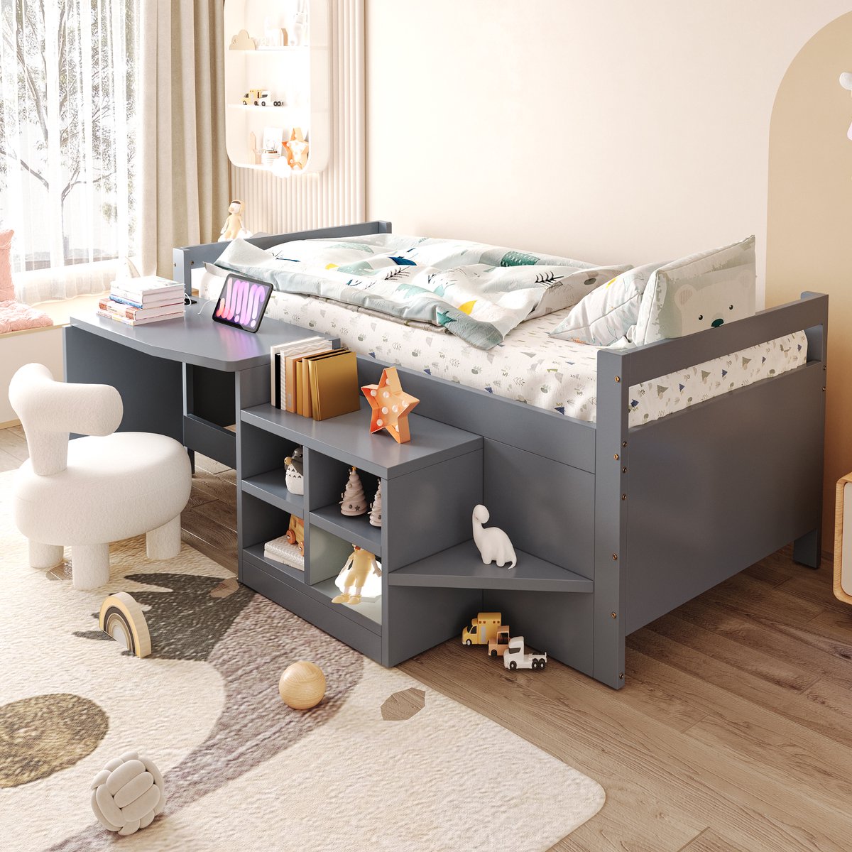 Kinderbed 90×200 cm, Eenpersoonsbed, Multifunctioneel Bed, Met Opbergvakken; Bureau Met Stopcontacten Volgens Europese Standaard; Eenpersoonsbed; Houten Bed,Grijs