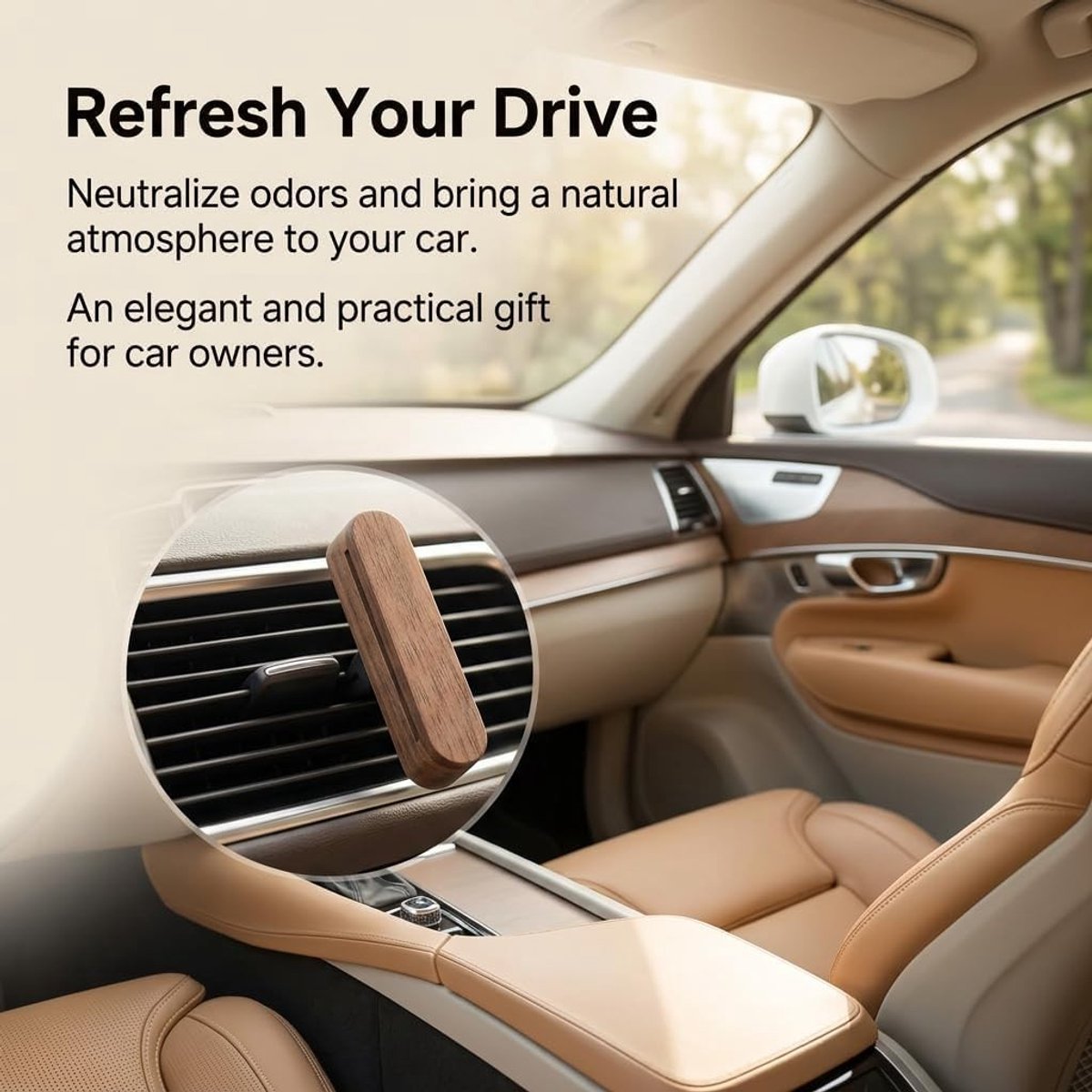 Autodiffuser van walnoothout voor etherische oliën, herbruikbare geurclip voor ventilatiesleuf, aromatherapie met 4 navulpads en natuurlijk design voor een frisse auto-interieur
