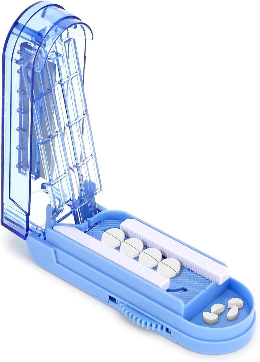 1 Stuks Tabletverdeler - medicijnverdeler - nauwkeurige uitlijning - instelbaar - voor grote en kleine tabletten, multifunctionele medicijnsnijder met opbergvak - blauw