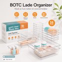BOTC lade organizer set met 16 transparante plastic bakjes, getoond met make-up en kantoorbenodigdheden.