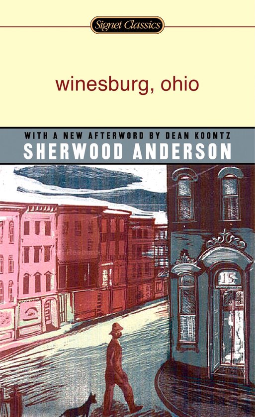 Boekomslag 'Winesburg, Ohio' van Sherwood Anderson. Afbeelding van een straatbeeld met gebouwen en een man met hond.