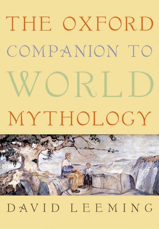 Boekomslag 'The Oxford Companion to World Mythology' met een schildering van twee mannen zittend onder een boom, met de titel en auteur in tekst.