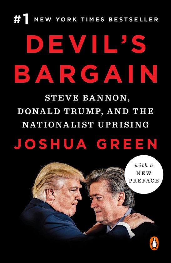 Boekomslag: Devil's Bargain, met Donald Trump en Steve Bannon in profiel en de tekst 'with a NEW PREFACE'.