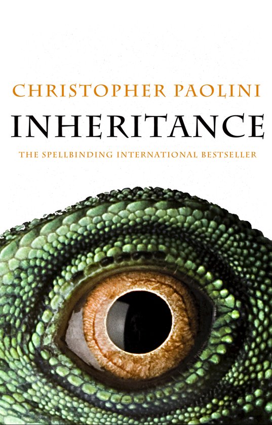 Boekomslag van Inheritance, met een close-up van een groene, geschubde reptiel met een oranje oog.