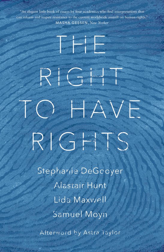 Livre intitulé 'The Right to Have Rights' sur un fond bleu avec un motif d'empreinte digitale.