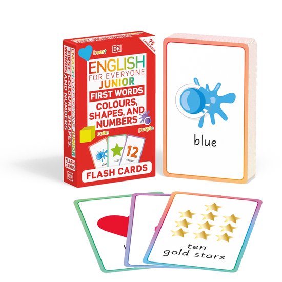 Kaarten set 'English for Everyone Junior' met rode doos en voorbeelden van kaarten met blauwe vlek, sterren en cijfer 12.