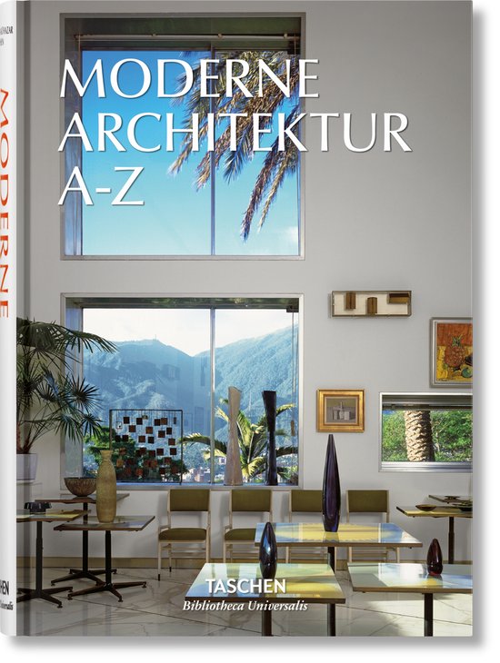 Boek 'Moderne Architektur A-Z' met op de cover een woonkamer met grote ramen naar buiten, met veel planten en meubels.