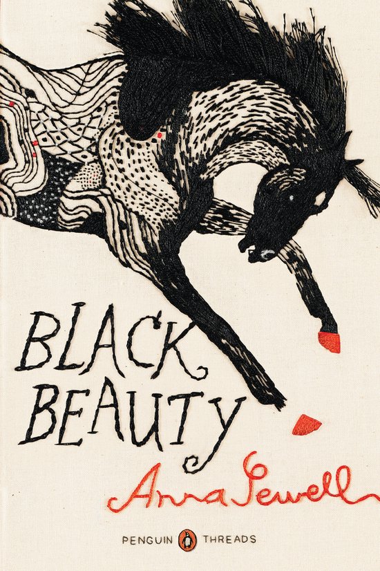 Geborduurd omslag van 'Black Beauty' door Anna Sewell, met een zwart paard en rode details. Tekst: BLACK BEAUTY Anna Sewell.