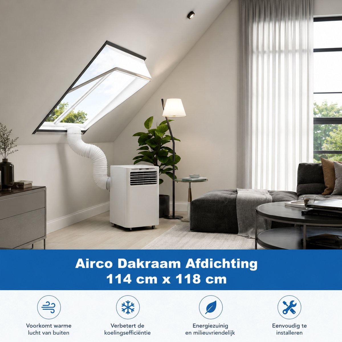 Airco Dakraam Afdichting - 114 x 118 cm - 2 jaar Garantie - Geschikt voor Velux: SK06 (GGL 4, 606, s06) | Fakro, Optilight: Maatcode 10 | Luxtra: SK6A | Roto: 11/11- Slang Afsluiten - Afdichting Raamafdichtingskit - Kylians