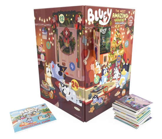 Bluey : Le Plus Incroyable Coffret Livre de l'Avent, décoré pour Noël avec des portes numérotées, et une pile de livres à côté.