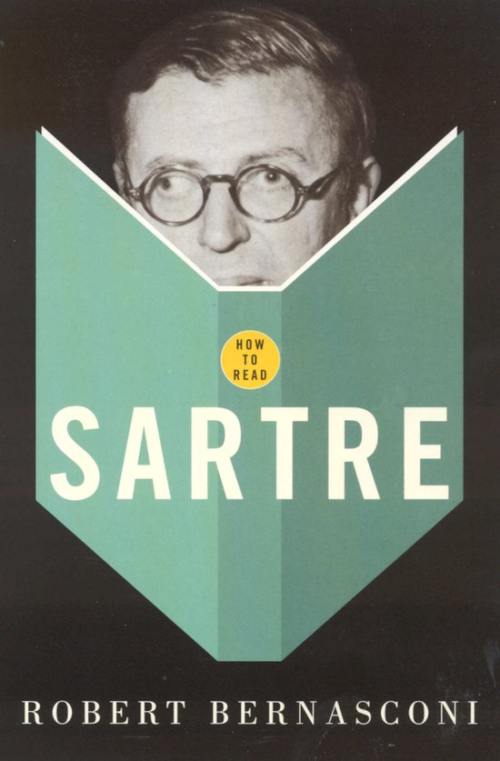 Boekomslag met een zwart-witfoto van Jean-Paul Sartre boven een groen boekvormig icoon met de tekst "How To Read Sartre".