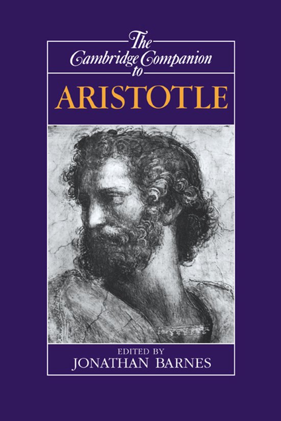 Boekomslag van 'The Cambridge Companion to Aristotle', met een zwart-wit portret van Aristoteles.