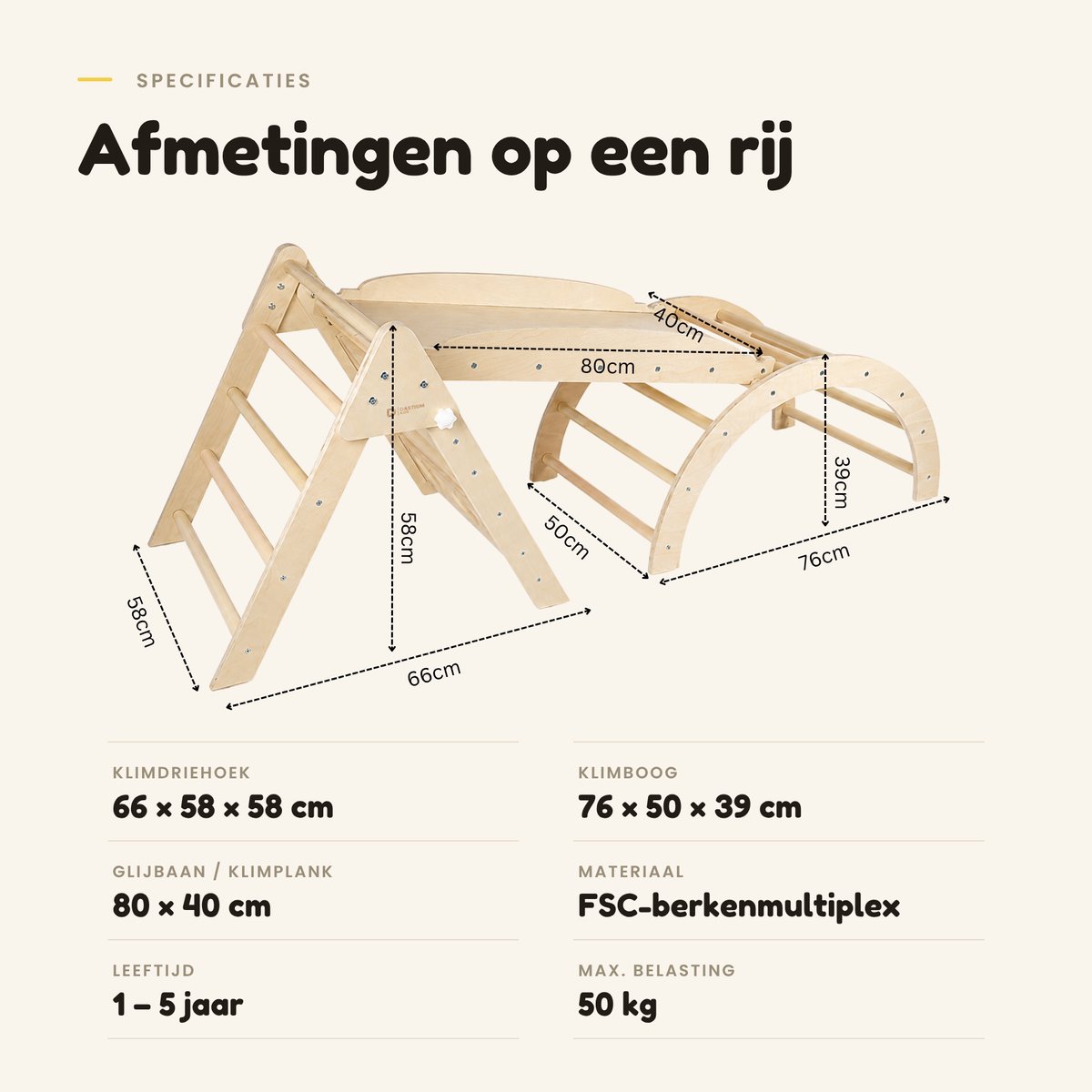 Dastium Kids - Mini Klimrek - Montessori Speelgoed - Houten Klimrek - Klimboog met Kussen - Klimrek Baby - Klimrek Peuter - Klimrek met Glijbaan - Naturel — afbeelding 3