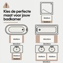 Diagram van badkamermatten in verschillende maten bij baden, douches en wastafels.