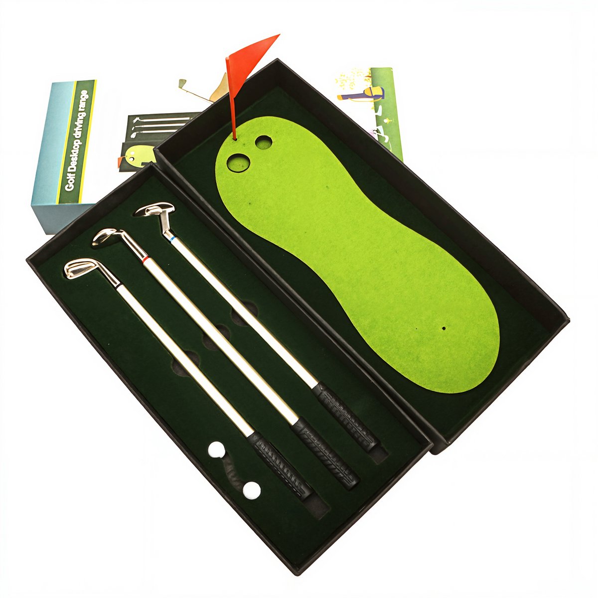 Stripe golf cadeauset, 3 metalen golfclub-balpennen, putting mat en mini golfballen