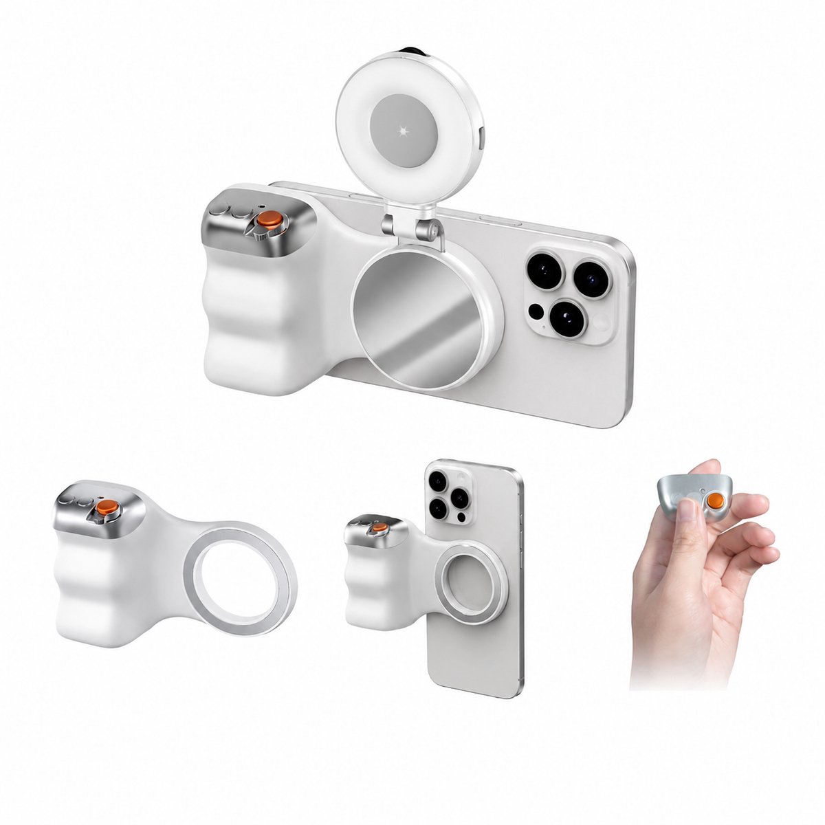 CreateEcom Magnetische telefooncamera - Opnamehulp Afstandsbedieningshandgreep voor Iphone en Andriod - Bluetooth - inclusief licht - wit