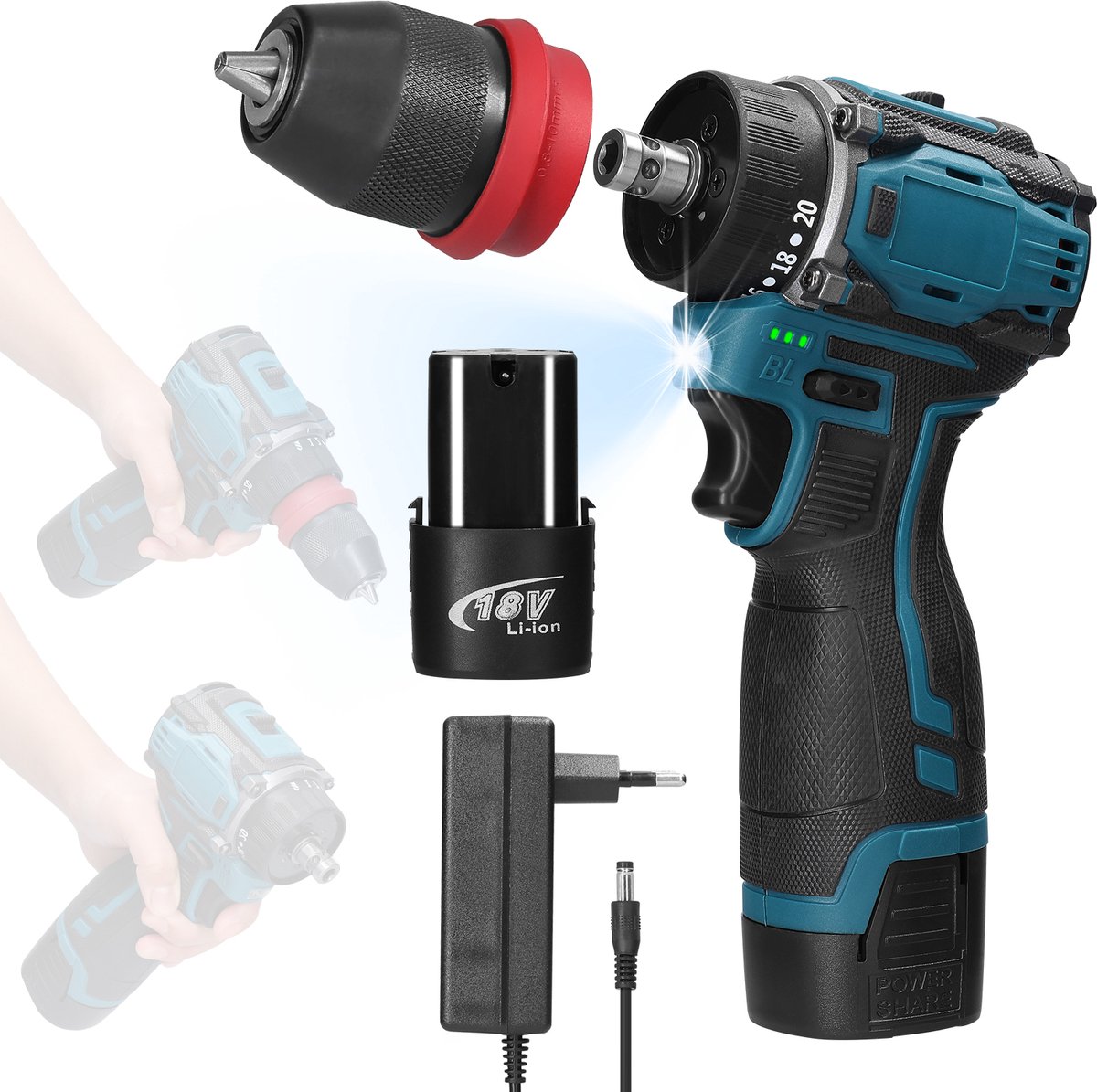 Accuboormachine 2-in-1 – 18V – Borstelloos – 20Nm – 2 Accu's – Voor Boren, Schroeven en Meubelmontage
