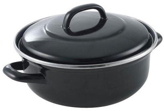 Zwarte emaille braadpan met deksel, zilverkleurige rand en handvatten.