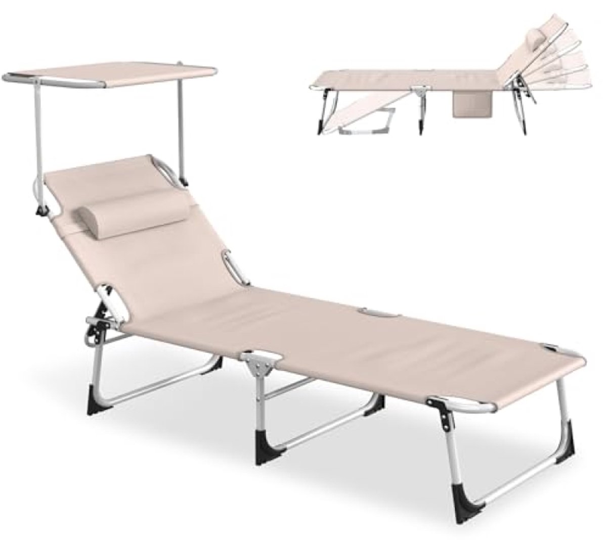 Inklapbaar Zonnebed met Dak, 194x68x30 cm, Kaki, Strandstoel met Verstelbare Rugleuning, Hoofdkussen en Zijtas, tot 100 kg
