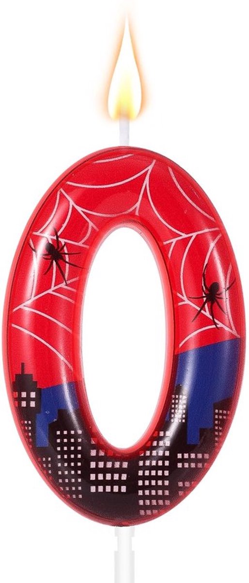 Feestelijke kaars in rood en blauw met spinnen thema