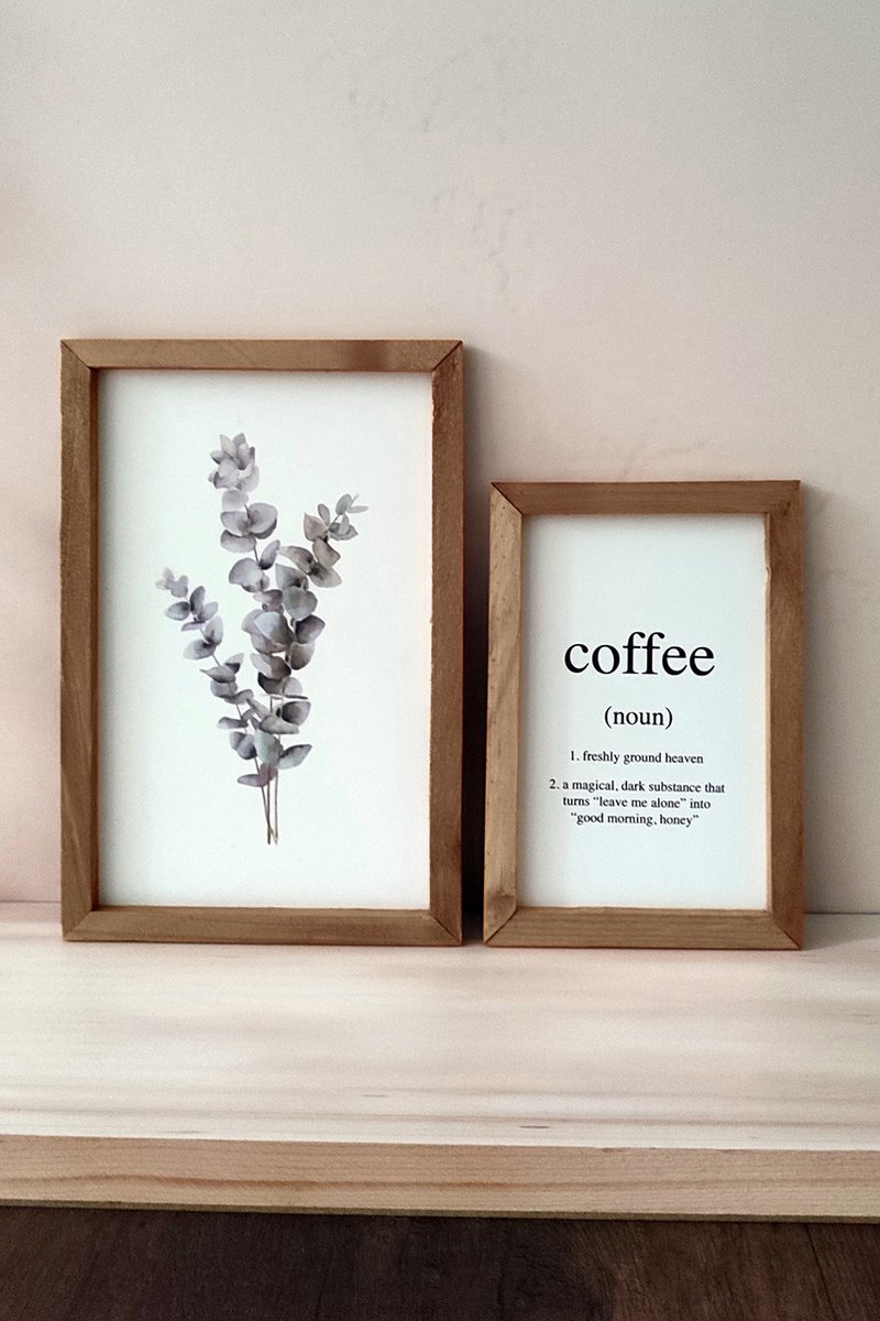 Houten Lijst Eucalyptus Bloemen en Coffee Tekst - 32x22 cm - Bruin